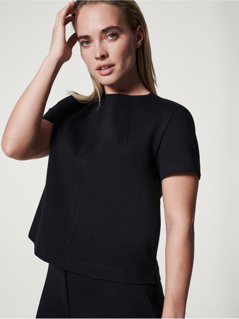 SPANX Black The Perfect Funnel Neck Top Short Sleeve Ponte Knit Blouse Sz 1X